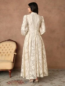 Savoree Đầm nữ mùa thu cổ đứng tay đèn lồng eo nhún thêu hoa bán trong suốt thanh lịch - Xem 3