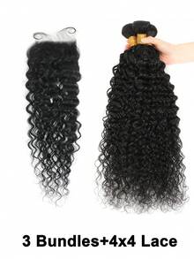 20 英寸卷发人发水波纹 3 束 4x4 蕾丝封口 预拔发际线透明蕾丝前片 带婴儿头发 自然发质