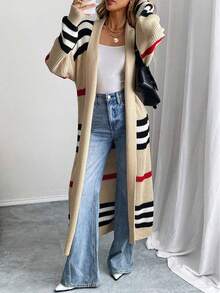 Plus Size Women Striped Drop Shoulder Long Sleeve Casual Loose Knit Cardigan, Autumn - Khaki - View 2