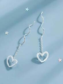 1 Pair Silver Heart Shaped Wave Earrings, Elegant & Fashionable Minimalist Love Tassel Design, Suitable For Parties, Banquets, Valentine's Day And Other Holidays