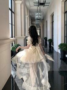 2025 New Arrival Half Love Word Big Ribbon Princess Dress Jacquard Fluffy Fine Glitter Trailing Dress Birthday Dress - Apricot Skirt - View 3