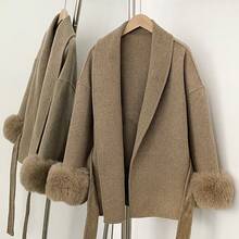 OFTBUY Einfarbige Jacke mit langen Ärmeln, loser Taille, Gürtel, Fellimitat-Patchwork und Wollmischung, lässiger Street-Style für Herbst/Winter & Feiertage - Aprikosenfarben - Übersicht 4