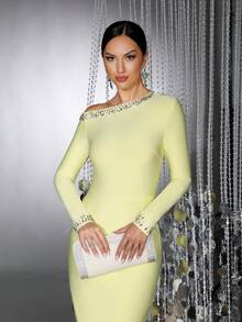 Neues modisches funkelndes Strass-Dekor Laptop Nieten Diagonale Schulter Sexy Schlitz Bandage Kleid, elegantes Abendkleid für Damen für Hochzeit, Party, Urlaub - Hellgelb - Übersicht 7