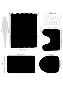 1/4 件纯黑色图案浴帘套装，防水浴帘和 3 件浴室垫套装，12 个挂钩防水浴帘，防滑浴垫，马桶座套和 U 型地毯，浴室配件浴室装饰 - 黑色 - 查看 6