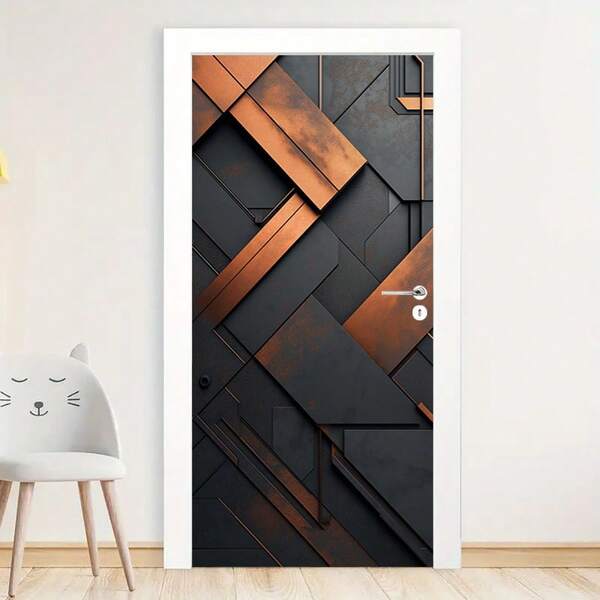 1set/2pcs Geometric Door Stickers | PVC Self-Adhesive, Removable Wall Decals | Modern Black And Copper Design | Contemporary Home Decor For Bedroom, Living Room, Bathroom | Easy To Install, Cute Room Decoration Wall Stickers Wall Sticker