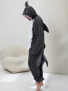 Adult Men's Cartoon Shark One-Piece Pajamas, Autumn And Winter Thickened Animal One-Piece Pajamas, Hooded Warm Home Clothes, Halloween Costumes, Christmas Role-Play Party Costumes - 深灰色 - 查看 2