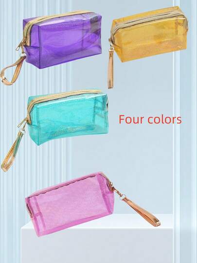 1pc Large-Capacity Transparent PVC Cosmetic Bag With Gold Zipper Design, Easy To Carry, Octagonal Design, Durable Zipper Closure, Can Store Cosmetics, Skin Care Products And Toiletries, Pink, Purple, Golden Yellow, Green, Hand-Held Toiletry Bag, Travel Storage Bag, Large-Capacity Cosmetic Bag, High-End Texture, Large-Capacity Handbag, Toiletry Bag, Convenient Travel Storage Bag