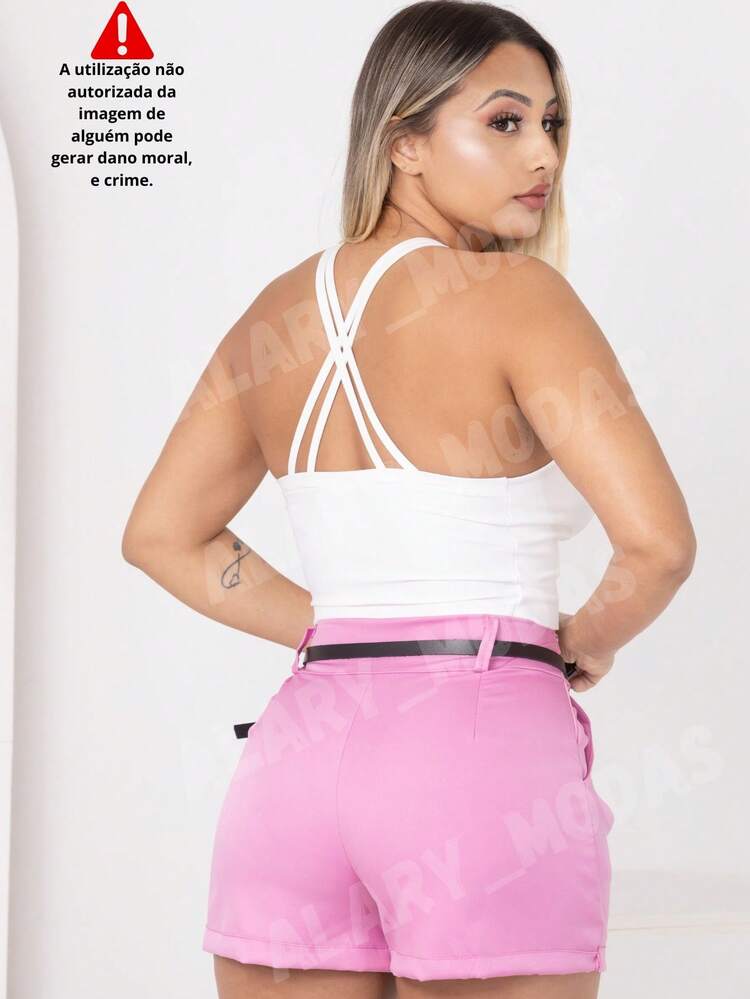Women's Tailored Shorts High Waist With Golden Flower Belt And Pockets Summer Fashion From S To G3 Plus Size - Baby Pink - View 2