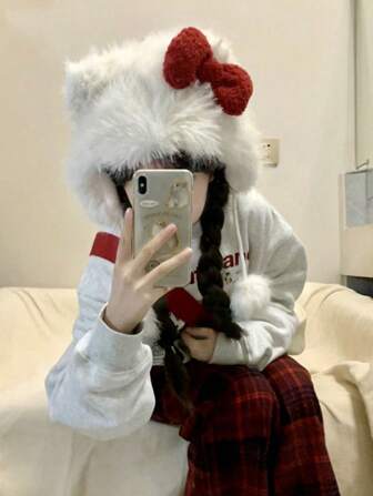 Bowknot Design Fluffy Cat Ear Cap, Fashionable For Autumn/Winter