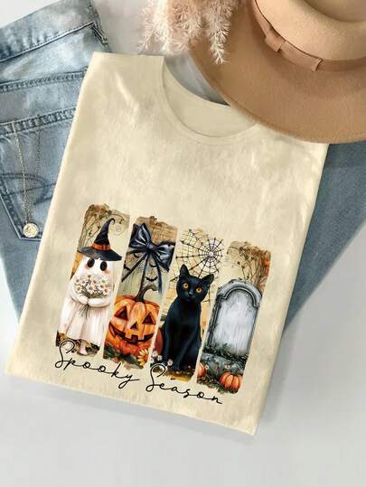 Temporada de fantasmas, fantasma retro de Halloween, calabaza coqueta de otoño. Estampados de patrones de Halloween, blusas para damas, ropa de talla grande, diseño de cuello redondo de manga corta para primavera y verano, versátil para uso diario