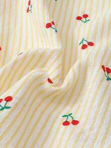 2pcs Women Comfortable Yellow & White Striped Cherry Print Pajama Set, Long Sleeve Button Collar Top And Pants, Casual Sleepwear For Home Use, Autumn/Winter, Fall Clothes