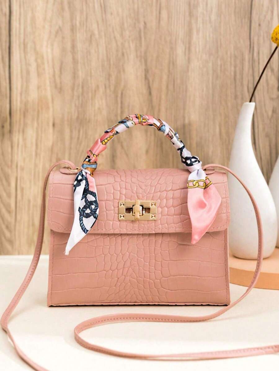 1pc Girls' Solid Color Mini Crossbody Bag, Scarf Decor Handbag, Suitable For Daily Use, Ideal Gift Choice - Pink - View 1