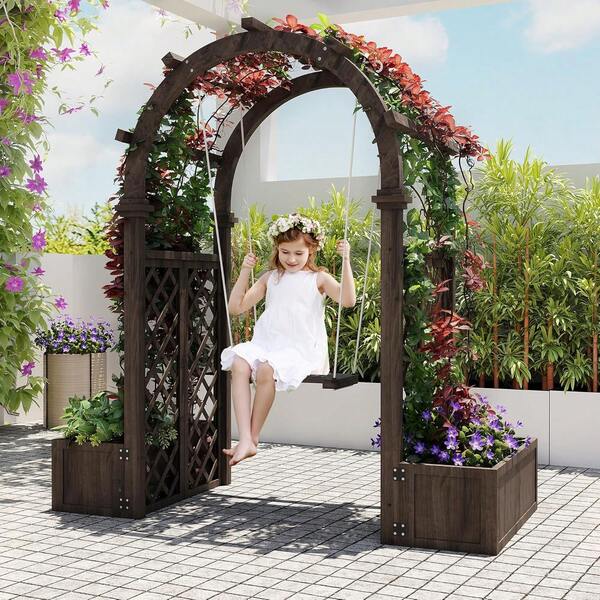 Fulvari Wooden Garden Arbor With Planter&Swing,Outdoor Arbor Trellis For Climbing Plants, Roses, Vines, Outside Pergola Planter, Garden Arch For Lawn Backyard Wedding Ceremony Bridal Party