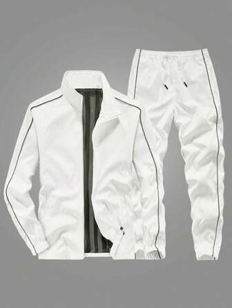 一套男士白色简约拉链外套和抽绳束腰裤运动休闲套装