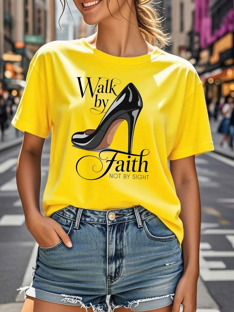 Women's Loose-Fit T-Shirt (CrewNeck) | Letter And Shoe Pattern Print | Fashion Style | Comfortable And Breathable | Versatile Essential | Fast Local Delivery Supported. - 黃色 - 查看 1
