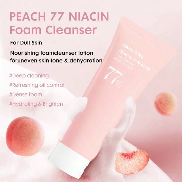 Espuma Limpadora de Pêssego 77, Com Niacina, Tonificação Uniforme, Limpeza de Poros, Melhora a Aparência Geral, Limpador Hidratante, Para Pele Opaca e Tom de Pele Irregular, Cuidados com a Pele Coreana para Pele de Vidro (100 g/3,52 fl.oz.)