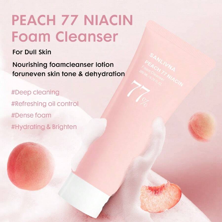 Espuma Limpadora de Pêssego 77, Com Niacina, Tonificação Uniforme, Limpeza de Poros, Melhora a Aparência Geral, Limpador Hidratante, Para Pele Opaca e Tom de Pele Irregular, Cuidados com a Pele Coreana para Pele de Vidro (100 g/3,52 fl.oz.)
