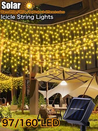 97/160 LED Solar Weihnachtsbeleuchtung für Außen - 8 Modi Eiszapfen Lichterkette mit 16/27 Tropfen, wasserdicht solar-betrieben Lichterkette mit Speicher für Party, Feiertage, Hochzeit, Weihnachtsdekoration, (Mehrfarbig/Warmweiß)