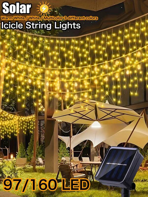 Solar 97/160 LED Christmas Lights String Outdoor - 8 Modes Icicle Lights With 16/27 Drops, Waterproof Solar -Powered In Fairy String Lights With Memory For Party, Holiday, Wedding, Christmas Decoration, (Multicolor/Warm White)