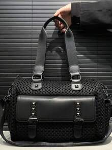 Women's Fashionable Y2K Mesh One Shoulder Bag, Large Capacity Patchwork Rivet Retro Crossbody Bag, Multi-Pocket Urban Street Style Handbag, Suitable For Daily Use And As A Gift - Black - View 7