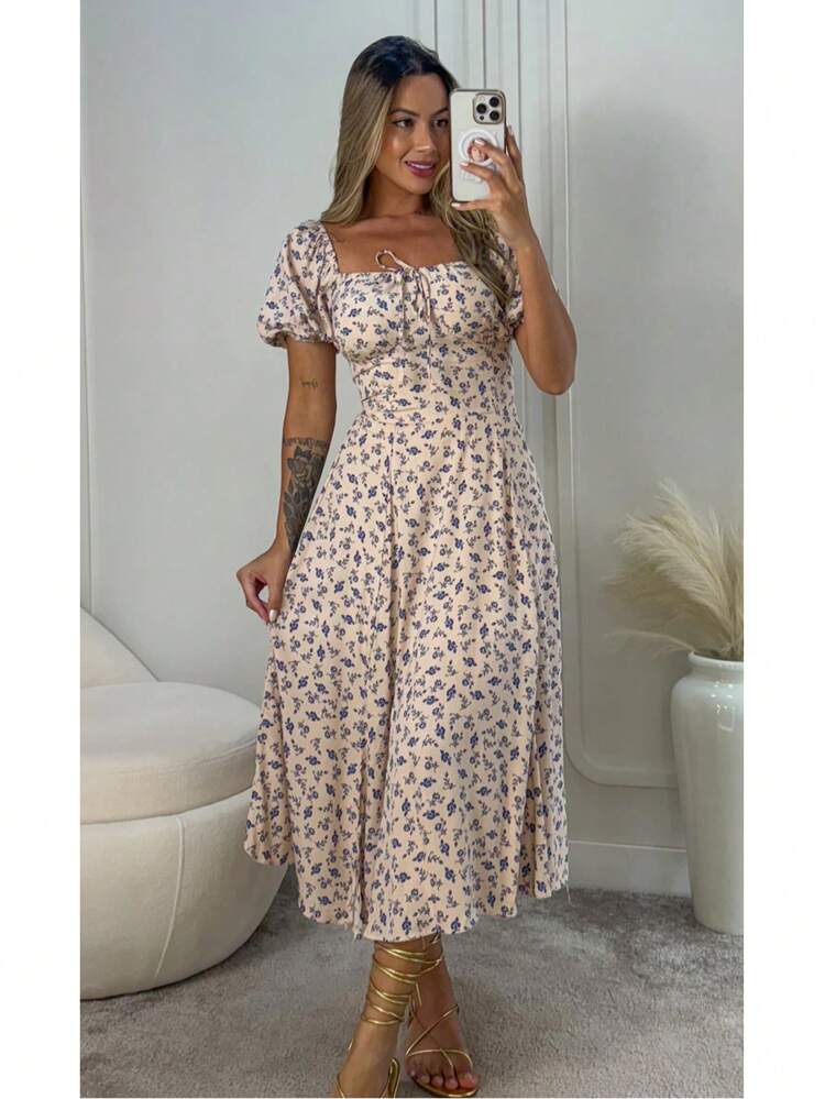 Women's Floral Midi Dress With Short Sleeves, Elastex Lined, Crossed Back, Vescolinho Fabric - Nude Blue Flower - View 2
