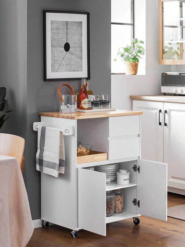 SoBuy Kitchen Trolley Kitchen Storage Trolley Mobile Kitchen Cabinet With Rubber Wood Worktop W72 X D42 X H84cm FKW123-WN