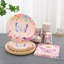 80件/套卡通蝴蝶生日派对餐具套装，9英寸和7英寸纸盘，甜点盘，杯子 - 彩色 - 查看 2