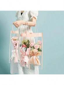 10pcs Pink & White Floral Transparent Gift Bags With Ribbon Handles - Ideal For Mother's Day Bouquets, Teacher's Day, Christmas, Valentine's Day Single Stem Packaging And Elegant Gift Wrapping, Durable Plastic Bouquet Packaging And Party Favor Bags