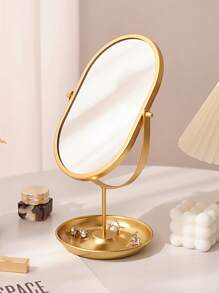 Espejo ovalado dorado elegante, con marco de metal estilizado, superficie de vidrio pulido, espejo de maquillaje portátil para decoración de dormitorio y puerta, sin necesidad de energía, decoración de dormitorio, diseño de espejo estilizado, espejo portátil, espejo decorativo de pared