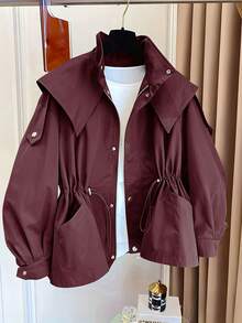 1 chiếc áo khoác dài dệt vải trơn màu có túi rút cài nút phía trước, thường ngày cho mùa xuân/thu - Màu Đỏ Sâu - Xem 3