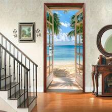 1/2pcs Blue Sky & Seascape Door Decal - Removable Self-Adhesive Tropical Beach Mural With Palm Trees & Ocean View, High-Quality Paper Suitable For Doors & Windows, Easy To Apply Home Decor, Plastic Surface Sticker Wall Stickers Wall Sticker Stickers Room Decor
