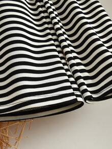 秋季少女休闲针织面料长袖蝴蝶结上衣和条纹长裤两件套 - 黑色 - 查看 7