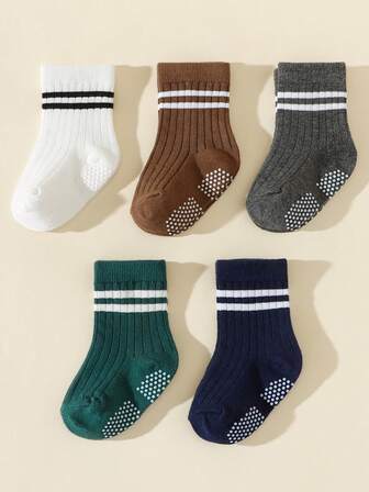 5 Pairs Solid Color Toddler Anti-Slip Mid-Calf Socks, School Style, All Season