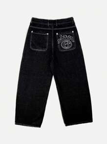 Men's Casual Distressed Wide Leg Baggy Jeans Summer Jeans Hip-Hop Style, Street Style, Rap Style, Embroidery Elements Men Jean Cargo, Grunge - Black - View 4