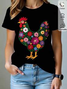 Camiseta de mujer blanca con estampado floral de gallina, 180g algodón, cuello redondo, manga corta, diseño mexicano colorido, T-shirt casual, tela suave, perfecta para todas las estaciones y looks, camiseta de verano con estilo único y cómodo. - Negro - Ver 2