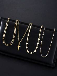 4pcs Elegant Luxurious Sexy Women Friendship Flower Gold Tone Cross Faux Pearl Necklace Set, Layered Long Necklaces For Daily, Party, Wedding Occasions
