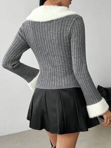 Herbst/Winter Patchwork Kragen Schnürpullover, modisch minimalistisch eleganter Slim Fit - Grau - Übersicht 2