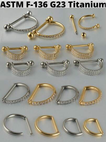 1 件 G23 钛合金 Cz 耳软骨耳屏氧化锆 D 形中隔响片杠铃螺旋耳环 Rook Sung 耳垂穿孔珠宝