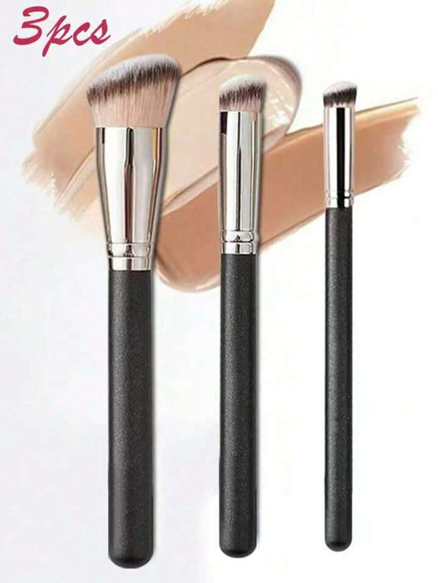 3 pezzi Set di pennelli professionali per trucco: pennello per fondotinta, pennello per correttore sotto gli occhi, pennello piatto obliquo Kabuki per il naso e il contouring, adatti per stendere correttore, cipria, creme e liquidi. Pennello per correttore dalla testa rotonda, con setole morbide e spesse per una copertura completa.