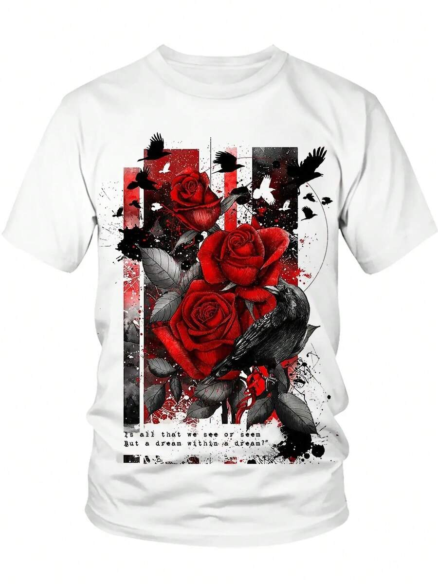 Camiseta del Día de San Valentín, diseñada con una "rosa" creativa en 3D, hecha de tela de punto para mayor comodidad y confort.Camisa de Manga Corta Ligera para Hombre, Adecuada para Varias Ocasiones, como Negocios, Ocio, Deportes al Aire Libre, Fiestas, en Stock - Blanco - Ver 1