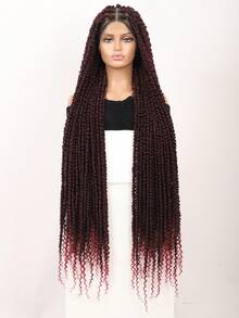 女士方形无结弹簧扭辫假发，超长46英寸，全双层蕾丝前扭辫假发，带婴儿发，合成编织假发，热情扭辫假发，波西米亚卷发尾 - 彩色 - 查看 13