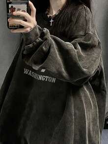 Women's Y2K Oversized Soft Cotton Distressed American Hip Hop Letter & Number Print Casual Vacation Home Street Chic Student Christmas New Year Long Sleeve Sweatshirt, Autumn/Winter