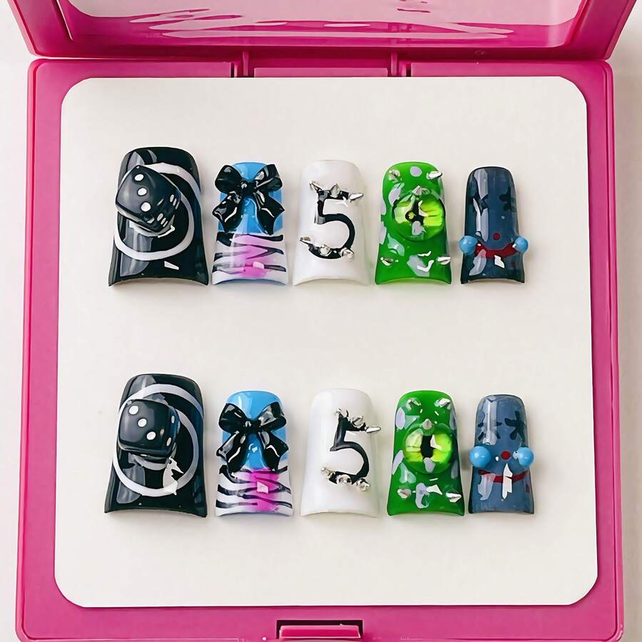 Y2K Duck Nails Short Handmade Press-On Nail Acrylic Nails, 10 Pcs Handmade 2025 Summer Colorful Nails Embellished With Dice, Bow, Number & Monster Eye Patterns For Party, Wedding, Holiday & Daily Wear-Reusable Gel Acrylic, Easy Application With Jelly Glue Set Included - Nhiều màu - Xem 1