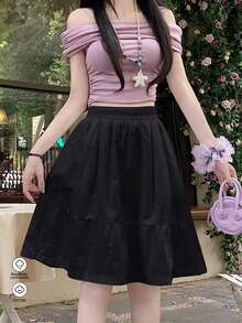 Rikumo 日系休闲黑色半身裙，带口袋，A字裙摆设计，春季款 - 黑色 - 查看 8