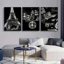 1/3 Panel Black Fashion Print Canvas Wall Art, Black & White Retro Disco Ball Poster, Bedroom, Living Room, Office, Home Decor, Frameless - Multicolor - View 6