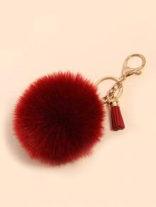 1pc Small Tassel Faux Fur Ball Keychain Car Hanging Accessory - Burgundy - View 3