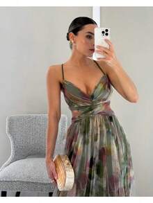 Women's Long Dress With Net Fabric And Printed Pattern, Featuring A Bandeau Style, New Spring/Summer Style, Suitable For Beach Vacations And Casual Gatherings - Army Green - View 2