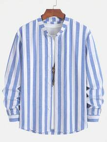 男士时尚条纹长袖纽扣衬衫，休闲立领，适合约会、海滩、度假等多种场合 - 藍色 - 查看 2