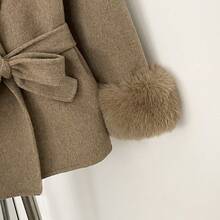 OFTBUY Einfarbige Jacke mit langen Ärmeln, loser Taille, Gürtel, Fellimitat-Patchwork und Wollmischung, lässiger Street-Style für Herbst/Winter & Feiertage - Aprikosenfarben - Übersicht 7