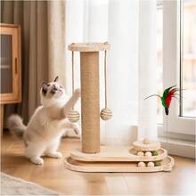 1 Piece Solid Wood Cat Tree, Natural Style With Scratching Post, Scratcher & Teaser Wand All-In-One Design For Cats' Home Self-Entertainment & Claw Grinding - Multicolor - View 9